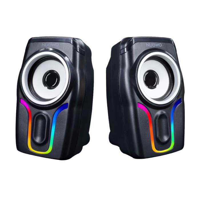 nubwo-ns047-gaming-speaker-black-2 ลำโพงเกมมิ่ง NUBWO Laurimus NS-47 สีดำ มุมมองคู่ด้านหน้าตรง แสดงดอกลำโพงสีขาวและแถบไฟ RGB รูปตัวยู