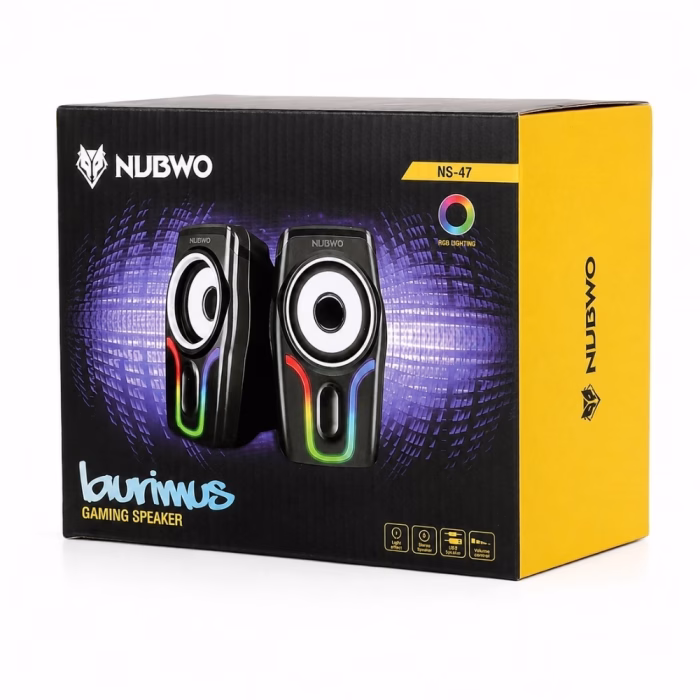nubwo-ns047-gaming-speaker-black-4 กล่องบรรจุภัณฑ์ลำโพงเกมมิ่ง NUBWO Laurimus NS-47 Gaming Speaker โทนสีดำตัดเหลือง แสดงฟังก์ชันไฟ RGB