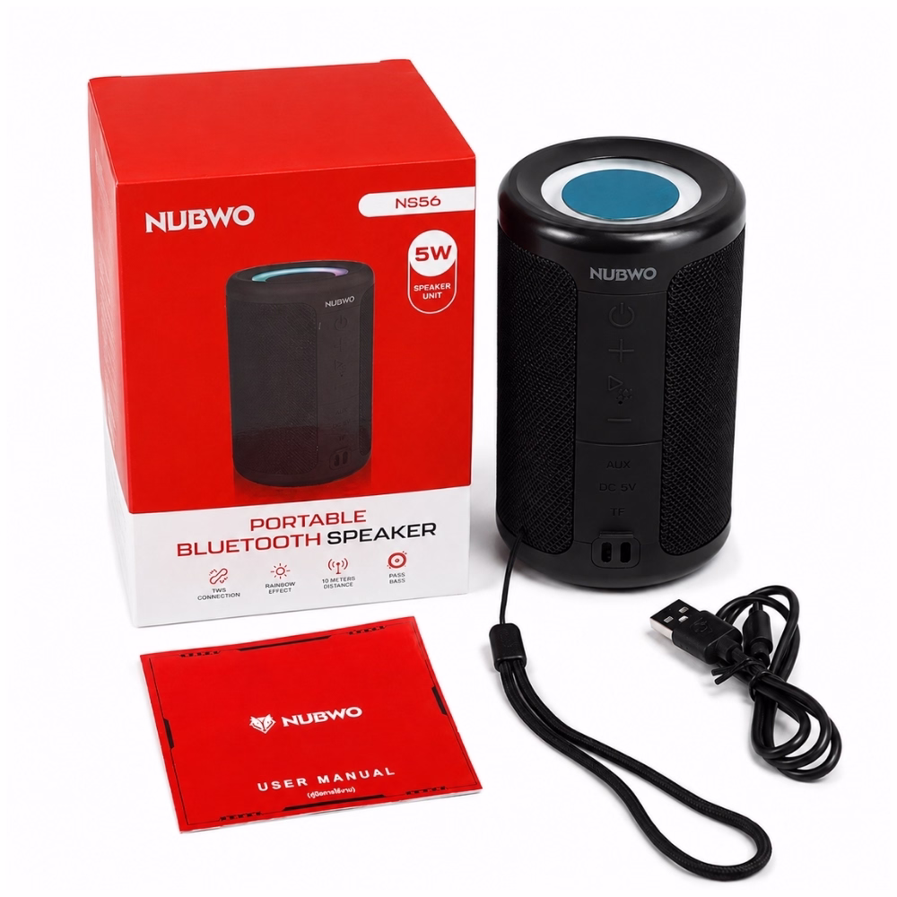 ลำโพงบลูทูธพกพา NUBWO NS56 สีดำ ไฟเรนโบว์ 5W วางคู่กับกล่องบรรจุภัณฑ์ สายคล้องมือ สายชาร์จ และคู่มือการใช้งาน