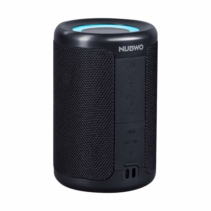 nubwo-ns56-bluetooth-speaker-black-2 ลำโพงบลูทูธ NUBWO NS56 สีดำ มุมมองสามมิติเฉียง แสดงแผงปุ่มควบคุม ช่องต่อ AUX พอร์ตชาร์จ ช่องใส่ TF Card และไฟ LED ด้านบน
