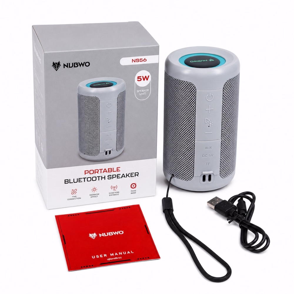 ลำโพงบลูทูธพกพา NUBWO NS56 สีเทา ไฟเรนโบว์ 5W วางคู่กับกล่องบรรจุภัณฑ์ สายคล้องมือ สายชาร์จ และคู่มือการใช้งาน