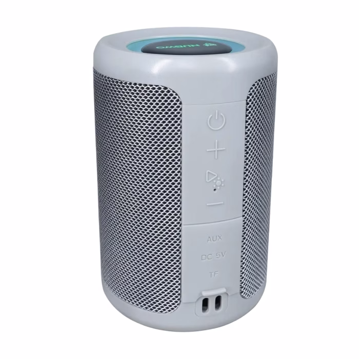 nubwo-ns56-bluetooth-speaker-gray-2 ลำโพงบลูทูธ NUBWO NS56 สีเทา มุมมองสามมิติเฉียง แสดงแผงปุ่มควบคุม ช่องต่อ AUX พอร์ตชาร์จ ช่องใส่ TF Card และไฟ LED ด้านบน