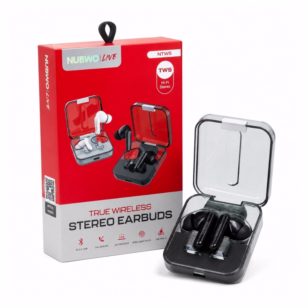 nubwo-ntw5-true-wireless-earbuds-1 หูฟังไร้สาย TWS Nubwo NTW5 สีดำ ฝาเคสชาร์จแบบใส วางคู่กับกล่องบรรจุภัณฑ์ True Wireless Stereo Earbuds