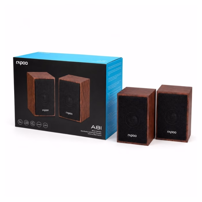 ลำโพงคอมพิวเตอร์ Rapoo A81 ลายไม้สีน้ำตาล ระบบเสียง 2.0 USB Stereo วางคู่กับกล่องบรรจุภัณฑ์ Wired Speaker