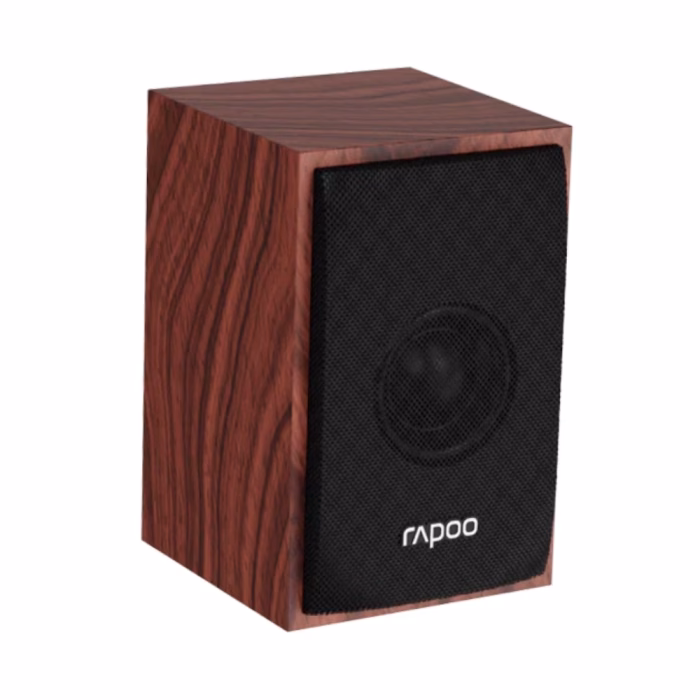 ลำโพง Rapoo A81 ลายไม้สีน้ำตาล ตัวเดี่ยวมุมมองสามมิติเฉียง แสดงดอกลำโพงด้านในผ่านหน้ากากผ้าและลวดลายไม้