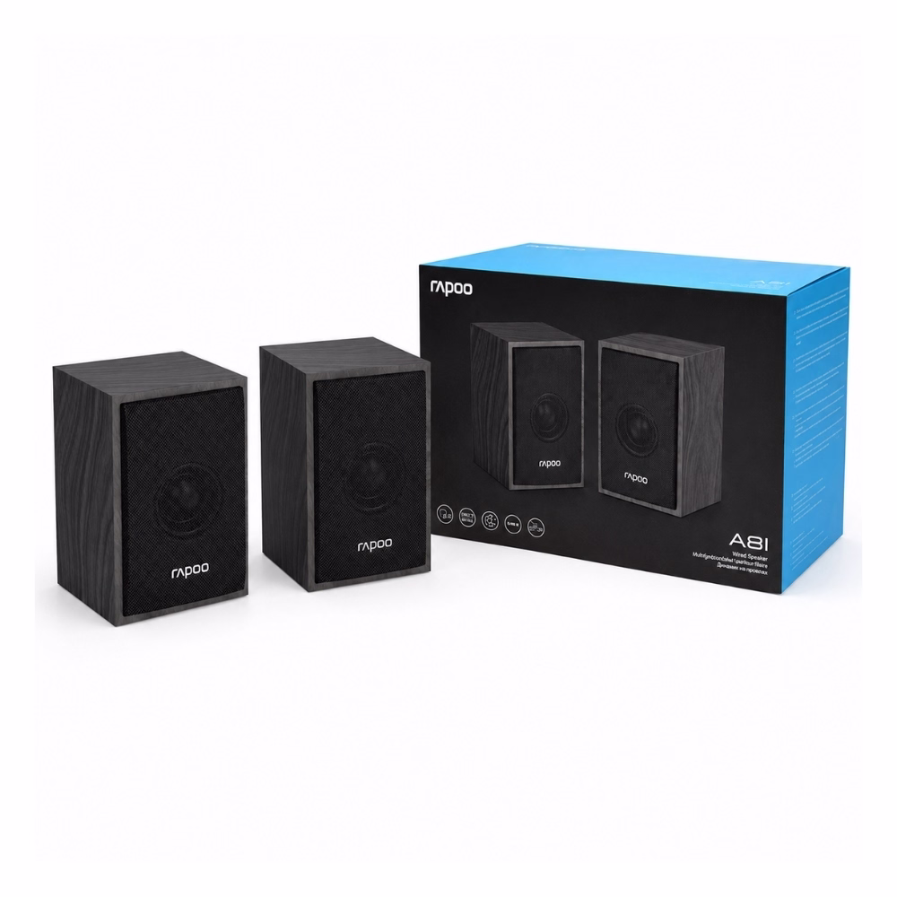 ลำโพงคอมพิวเตอร์ Rapoo A81 ลายไม้สีดำ ระบบเสียง 2.0 USB Stereo วางคู่กับกล่องบรรจุภัณฑ์ Wired Speaker