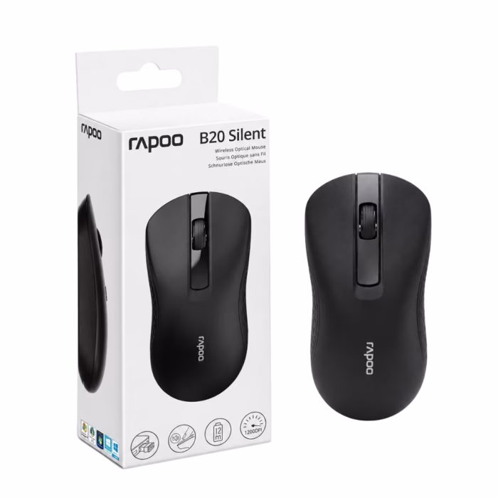 rapoo-b20-silent-wireless-mouse-black-1 เมาส์ไร้สายไร้เสียง Rapoo B20 Silent สีดำ วางคู่กับกล่องบรรจุภัณฑ์ Wireless Optical Mouse 1200 DPI