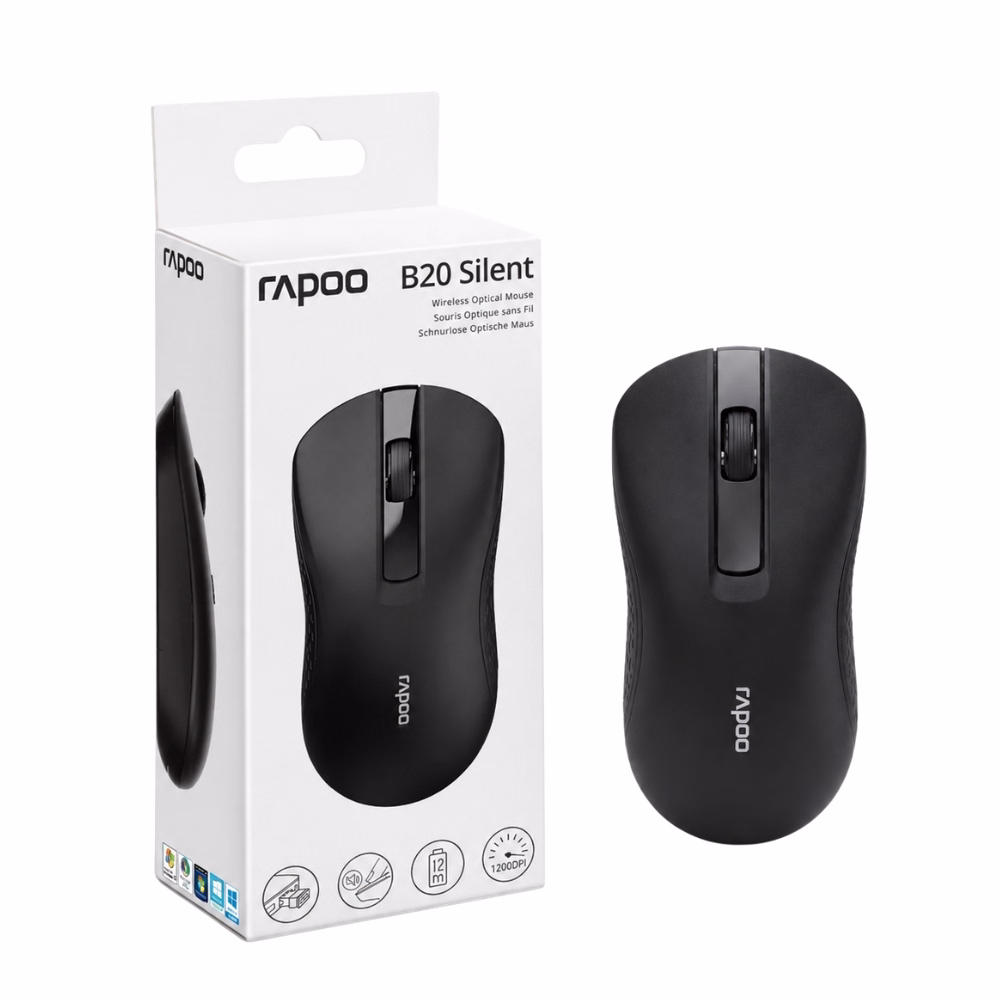 เมาส์ไร้สายไร้เสียง Rapoo B20 Silent สีดำ วางคู่กับกล่องบรรจุภัณฑ์ Wireless Optical Mouse 1200 DPI