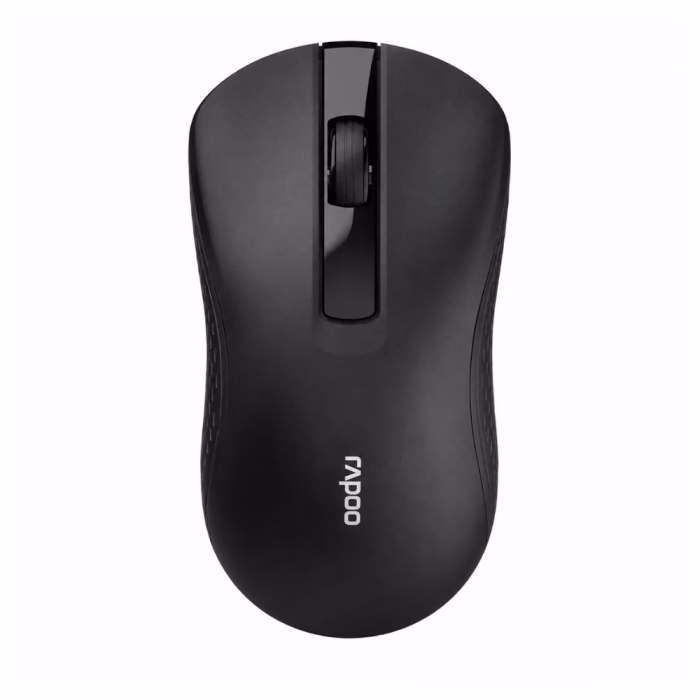 rapoo-b20-silent-wireless-mouse-black-2 เมาส์ไร้สายไร้เสียง Rapoo B20 Silent สีดำ มุมมองด้านบนตรง แสดงดีไซน์ทรงโค้งเว้าและลูกกลิ้ง Scroll Wheel