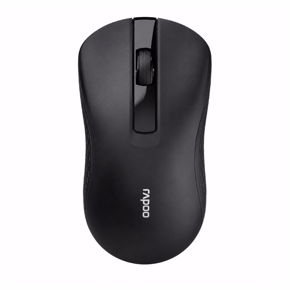 เมาส์ไร้สายไร้เสียง Rapoo B20 Silent สีดำ มุมมองด้านบนตรง แสดงดีไซน์ทรงโค้งเว้าและลูกกลิ้ง Scroll Wheel