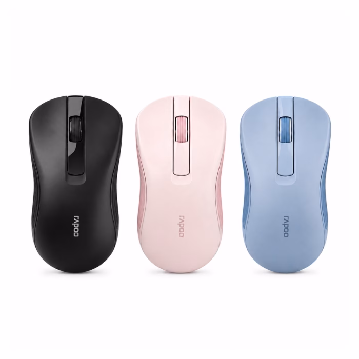rapoo-b20-silent-wireless-mouse-black-4 เมาส์ไร้สาย Rapoo B20 Silent มุมมองด้านบน แสดงสีสันครบเซ็ต ทั้งสีดำ สีชมพู และสีฟ้า