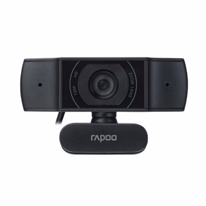 ด้านหน้าตรงกล้องเว็บแคม Rapoo C200 สีดำ แสดงเลนส์มุมกว้าง 100 องศา HD 720p ไมโครโฟนคู่ และฐานคลิปหนีบ