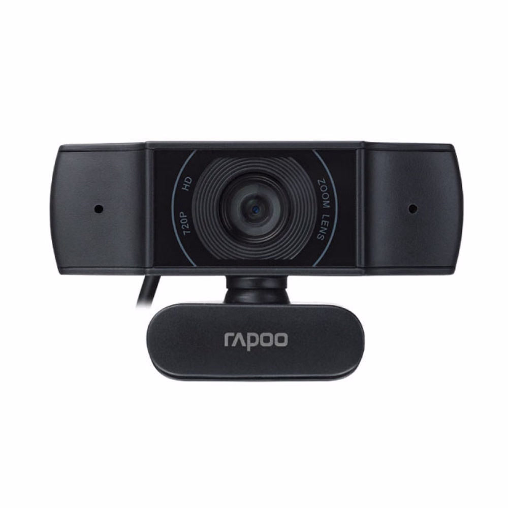 ด้านหน้าตรงกล้องเว็บแคม Rapoo C200 สีดำ แสดงเลนส์มุมกว้าง 100 องศา HD 720p ไมโครโฟนคู่ และฐานคลิปหนีบ