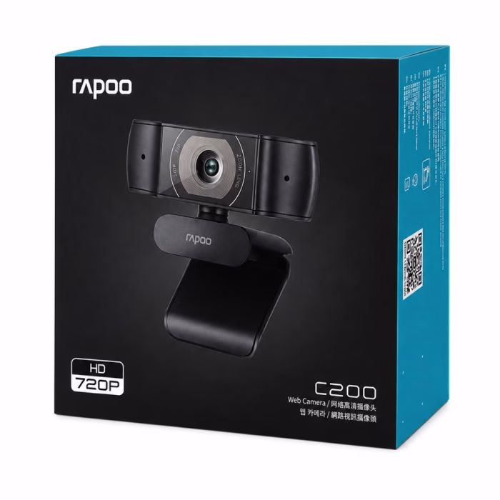 กล่องบรรจุภัณฑ์กล้องเว็บแคม Rapoo C200 HD 720p Web Camera มุมมองสามมิติโทนสีดำตัดฟ้า