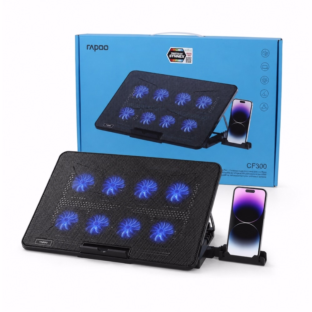 พัดลมระบายความร้อนโน้ตบุ๊ก Rapoo CF300 สีดำ 8 พัดลม ไฟ LED สีฟ้า พร้อมที่วางมือถือ วางคู่กับกล่องบรรจุภัณฑ์ ประกัน Synnex