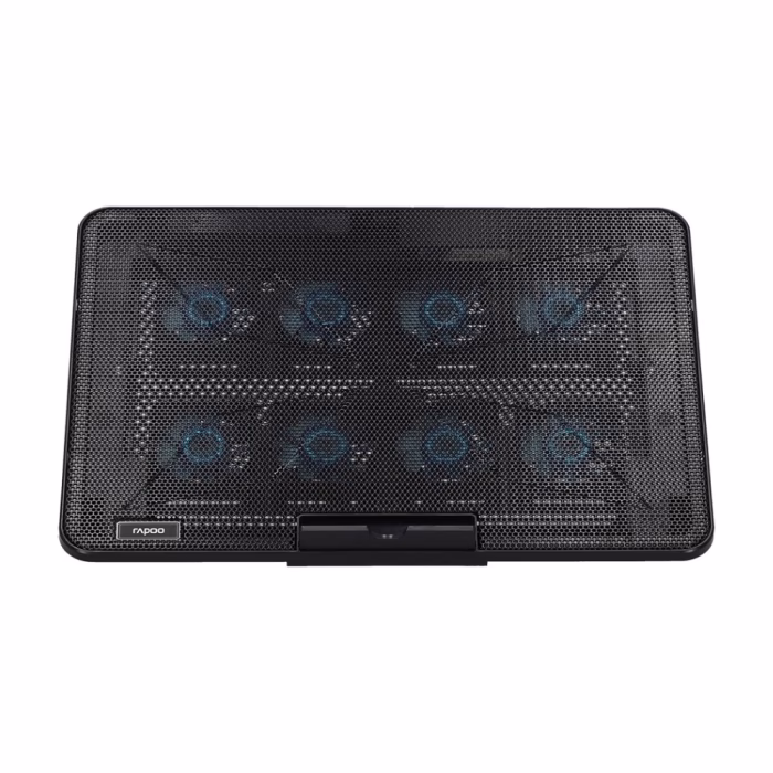 rapoo-cf300-cooler-pad-black-2 พัดลมระบายความร้อนโน้ตบุ๊ก Rapoo CF300 สีดำ มุมมองด้านบนตรง แสดงตะแกรงโลหะระบายความร้อนและที่กั้นกันลื่น