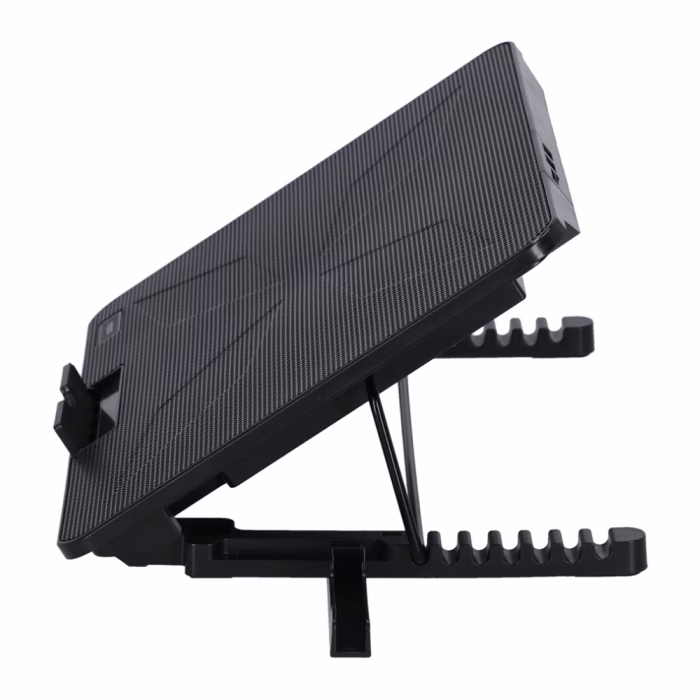 rapoo-cf300-cooler-pad-black-3 แท่นระบายความร้อน Rapoo CF300 สีดำ มุมมองด้านข้าง แสดงร่องปรับระดับความลาดเอียงหลายระดับและขาตั้งปรับองศา