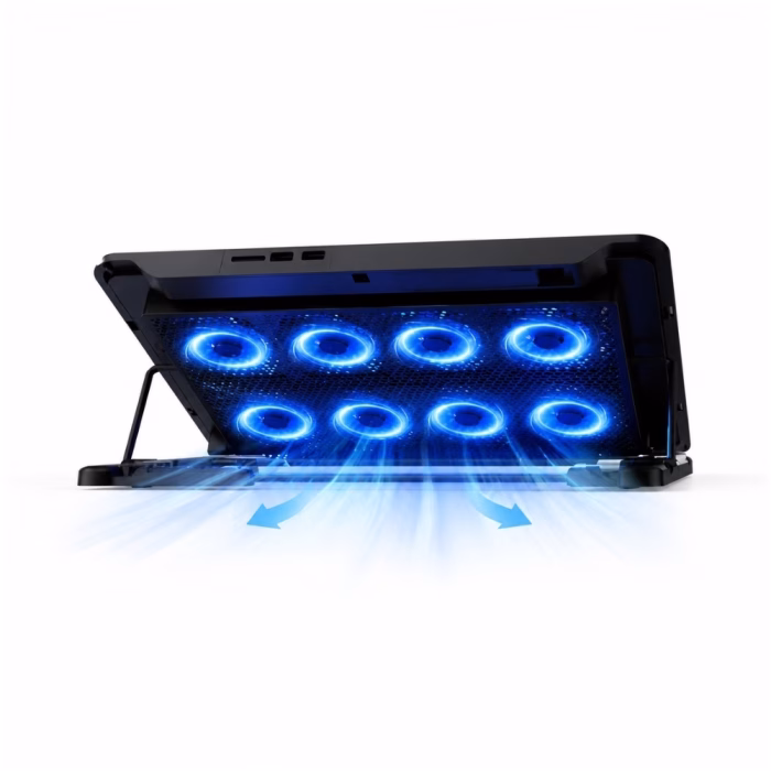 rapoo-cf300-cooler-pad-black-4 แท่นพัดลมระบายความร้อน Rapoo CF300 สีดำ แสดงพลังลมพัดลม 8 ตัว ไฟ LED สีฟ้า และพอร์ตเชื่อมต่อ USB