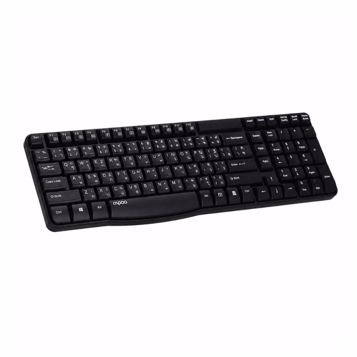 rapoo-e1050-wireless-keyboard-black-2 คีย์บอร์ดไร้สาย Rapoo E1050 สีดำ มุมมองสามมิติเฉียง แสดงโครงสร้างปุ่มกดและแป้นตัวเลข NumPad