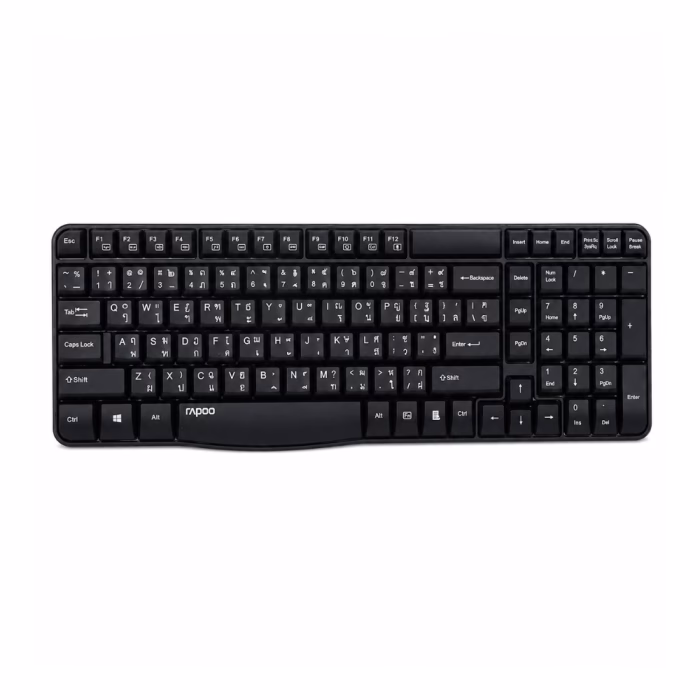 rapoo-e1050-wireless-keyboard-black-3 คีย์บอร์ดไร้สาย Rapoo E1050 สีดำ มุมมองด้านบนตรง แสดงเลย์เอาต์แป้นพิมพ์ภาษาไทย-อังกฤษ และปุ่มฟังก์ชัน Fn