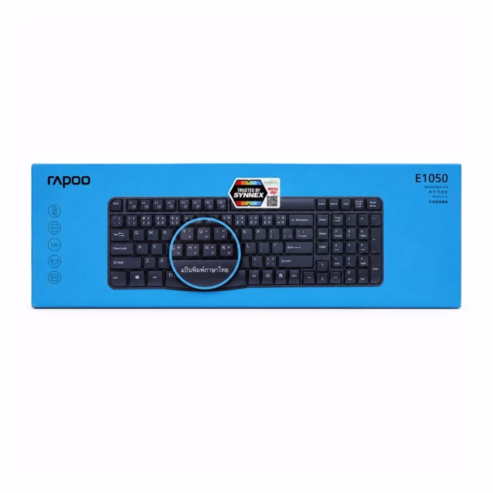 rapoo-e1050-wireless-keyboard-black-4 กล่องบรรจุภัณฑ์คีย์บอร์ดไร้สาย Rapoo E1050 Wireless Keyboard โทนสีฟ้า พร้อมสติกเกอร์รับประกัน Synnex และจุดเด่นแป้นพิมพ์ภาษาไทย