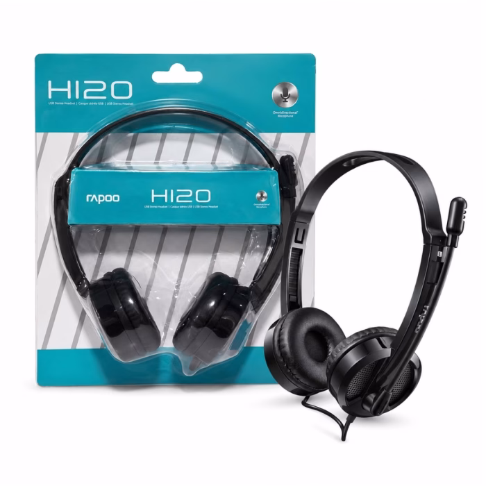 rapoo-h120-usb-stereo-headset-1 หูฟังพร้อมไมโครโฟนแบบมีสาย USB Rapoo H120 สีดำ วางคู่กับแผงแพ็กเกจบรรจุภัณฑ์ USB Stereo Headset