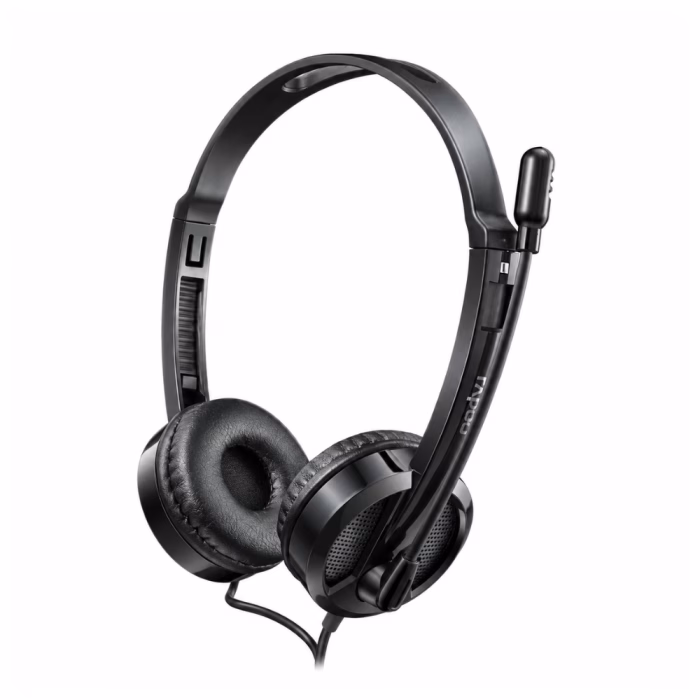 rapoo-h120-usb-stereo-headset-2 หูฟังครอบหูมีสาย USB Rapoo H120 สีดำ มุมมองสามมิติ แสดงก้านคาดศีรษะปรับระดับได้ ฟองน้ำรองหูนุ่ม และไมโครโฟน