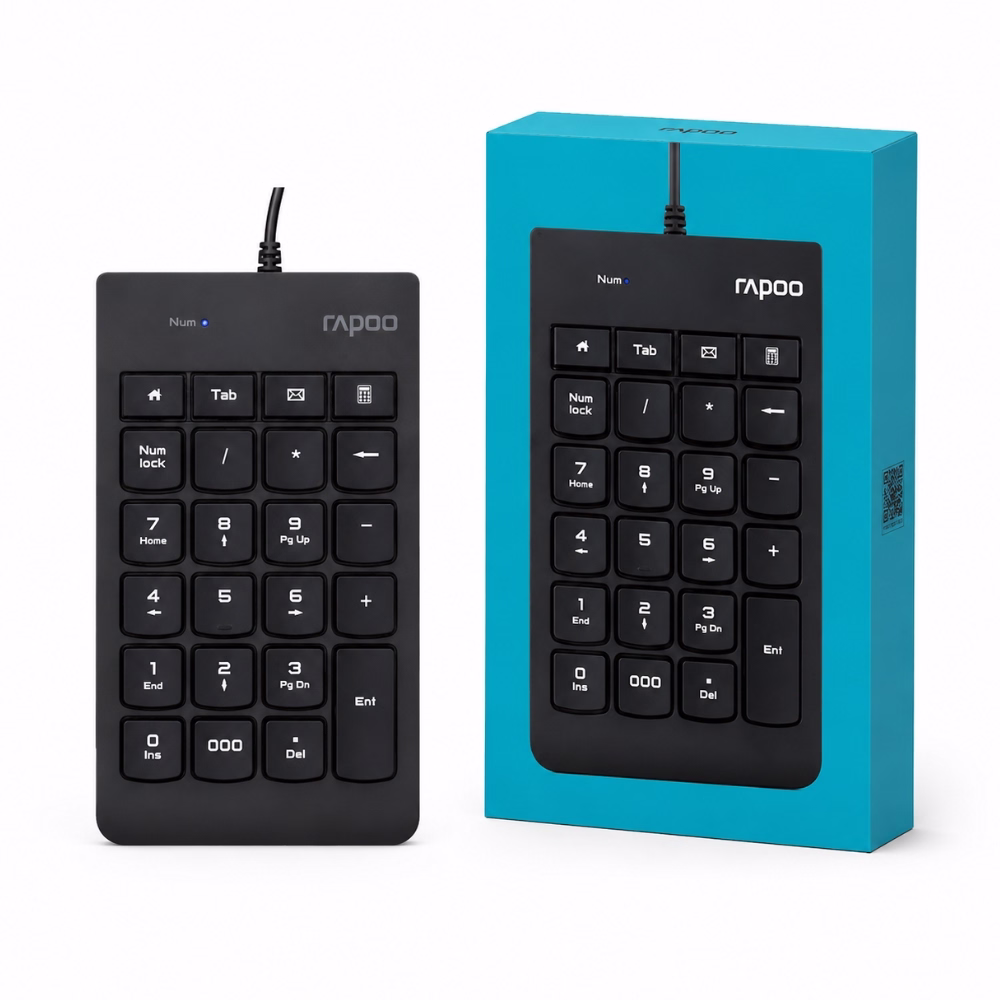แป้นพิมพ์ตัวเลขแบบมีสาย USB Rapoo K10 สีดำ 23 ปุ่ม วางคู่กับกล่องบรรจุภัณฑ์ Numeric Keypad