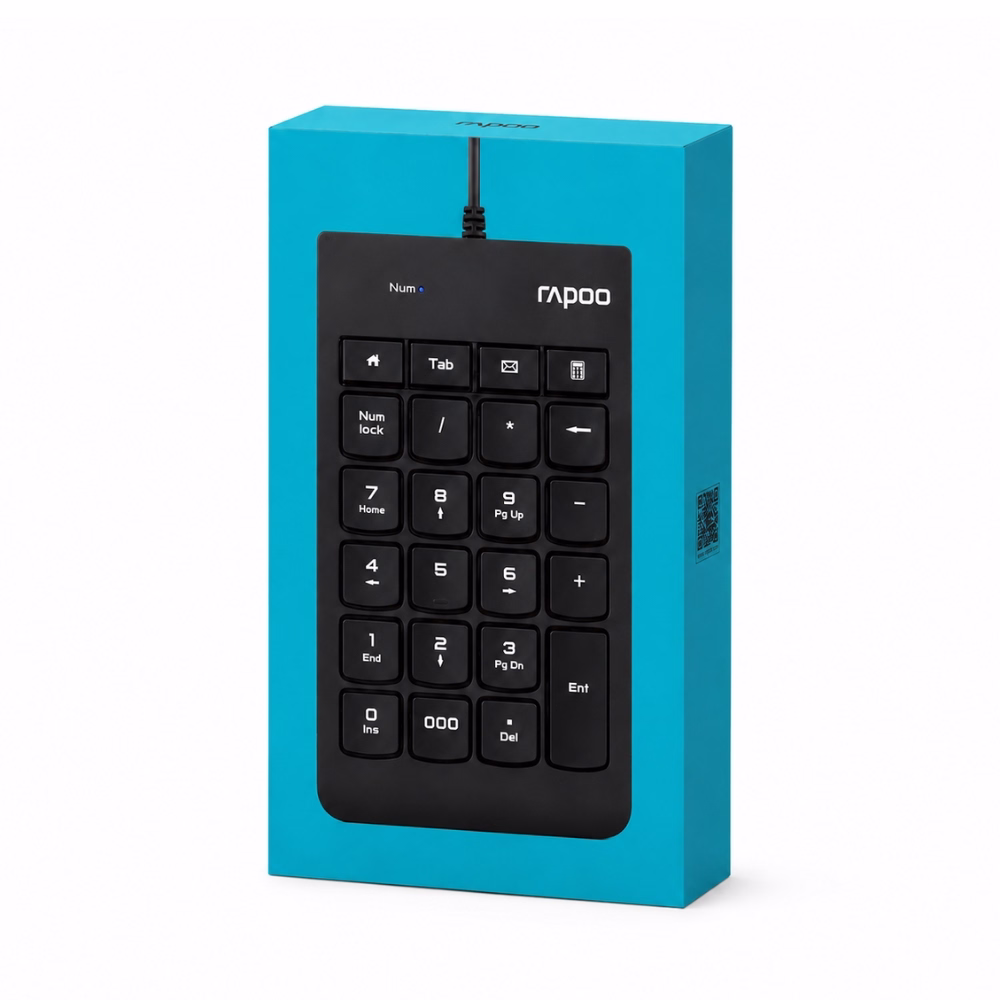กล่องบรรจุภัณฑ์แป้นพิมพ์ตัวเลข Rapoo K10 USB Numeric Keypad สีฟ้า มุมมองสามมิติ