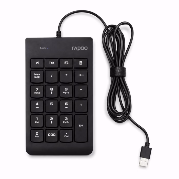 rapoo-k10-usb-numeric-black-3 แป้นพิมพ์ตัวเลข Rapoo K10 สีดำ 23 ปุ่ม ด้านหน้าตรง พร้อมสายเชื่อมต่อ USB และไฟแสดงสถานะ NumLock