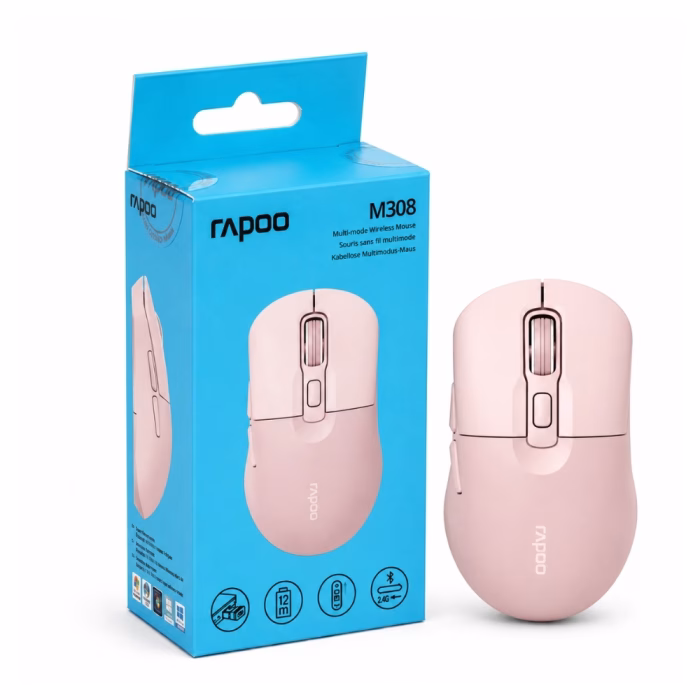 rapoo-m308-wireless-mouse-pink-1 เมาส์ไร้สายบลูทูธ Rapoo M308 สีชมพู Multi-mode Bluetooth และ 2.4GHz วางคู่กับกล่องบรรจุภัณฑ์
