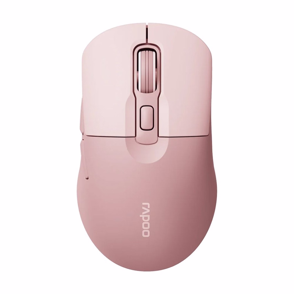 เมาส์ไร้สายบลูทูธ Rapoo M308 สีชมพู มุมมองด้านบนตรง แสดงลูกกลิ้ง Scroll Wheel และปุ่มปรับฟังก์ชัน