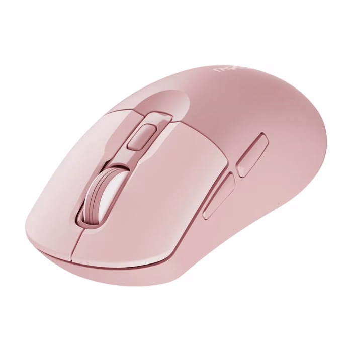 rapoo-m308-wireless-mouse-pink-3 เมาส์ไร้สายบลูทูธ Rapoo M308 สีชมพู มุมมองสามมิติเฉียง แสดงปุ่มกดด้านข้าง Forward-Backward และผิวสัมผัสด้านพรีเมียม