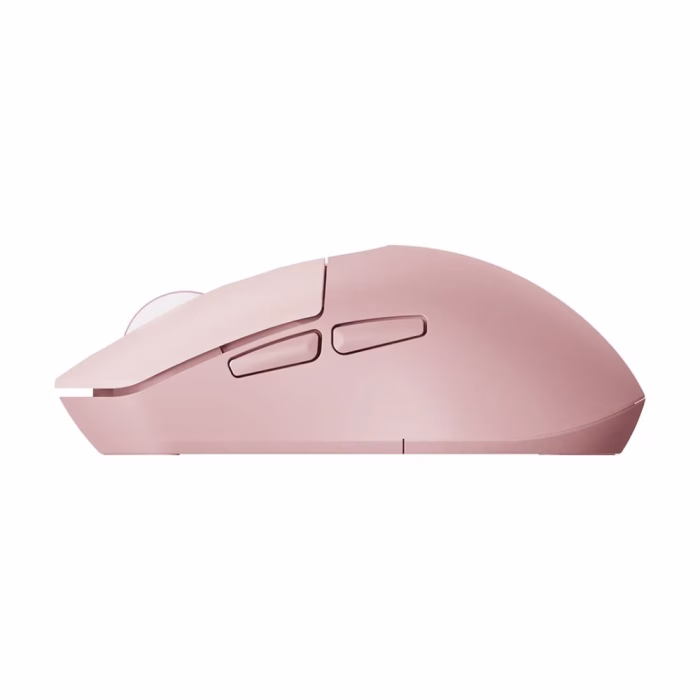 rapoo-m308-wireless-mouse-pink-4 มุมมองด้านข้างเมาส์ไร้สาย Rapoo M308 สีชมพู แสดงส่วนโค้งเว้ารองรับอุ้งมือและปุ่มกดลัดด้านข้าง