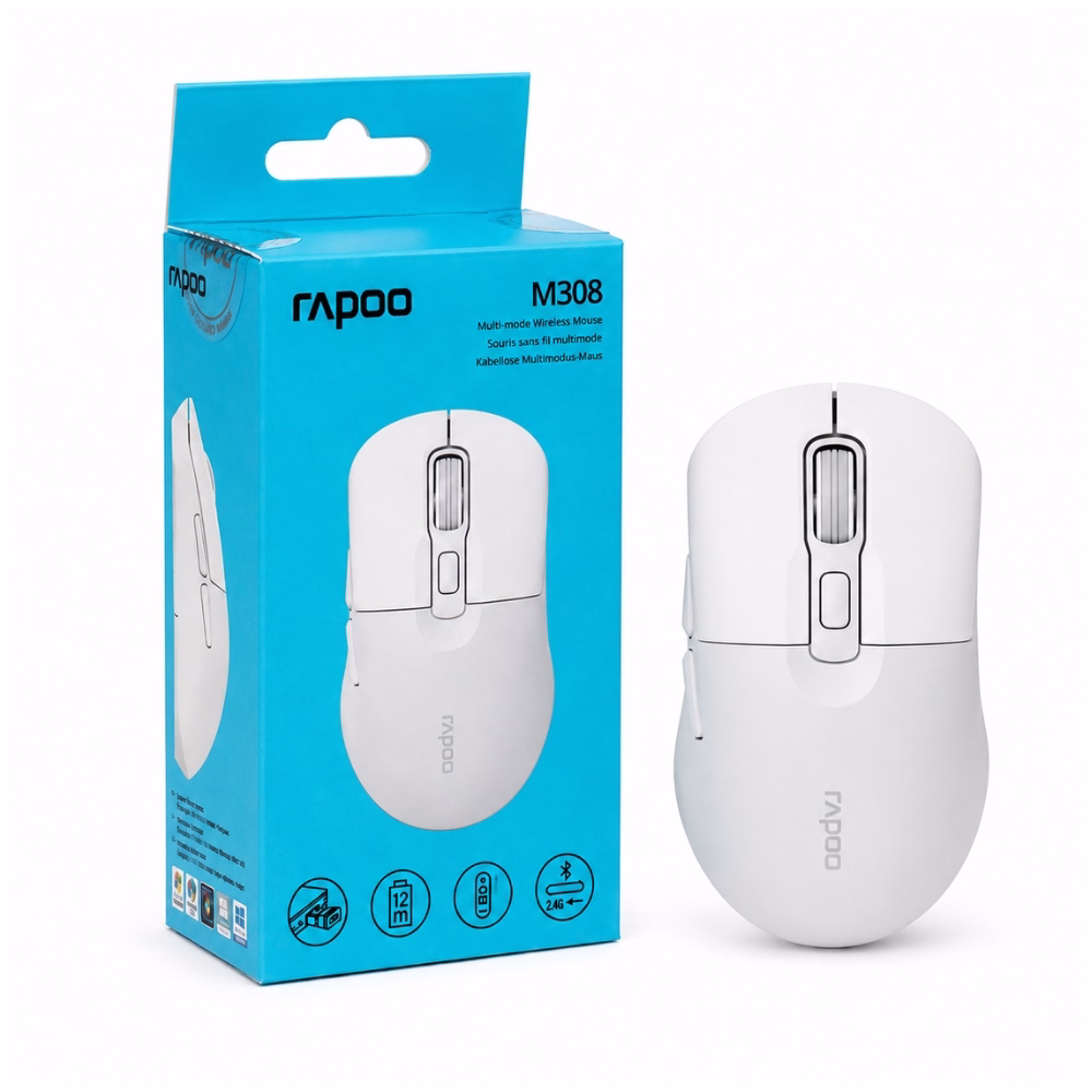 เมาส์ไร้สายบลูทูธ Rapoo M308 สีขาว Multi-mode Bluetooth และ 2.4GHz วางคู่กับกล่องบรรจุภัณฑ์
