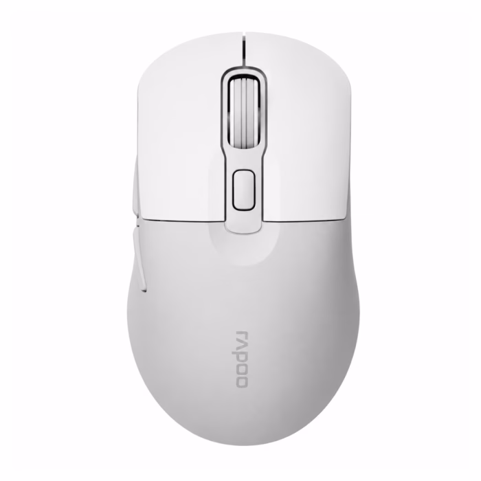 เมาส์ไร้สายบลูทูธ Rapoo M308 สีขาว มุมมองด้านบนตรง แสดงลูกกลิ้ง Scroll Wheel และปุ่มปรับฟังก์ชัน