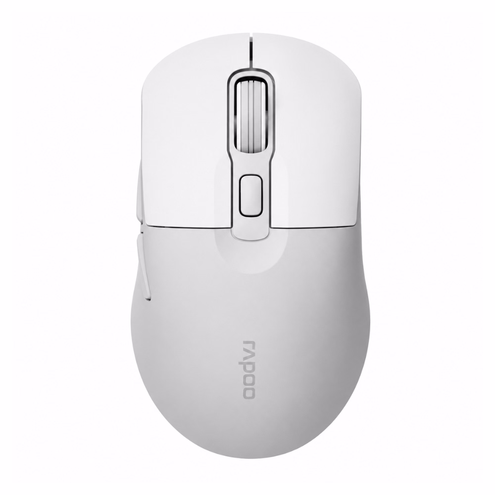 เมาส์ไร้สายบลูทูธ Rapoo M308 สีขาว มุมมองด้านบนตรง แสดงลูกกลิ้ง Scroll Wheel และปุ่มปรับฟังก์ชัน