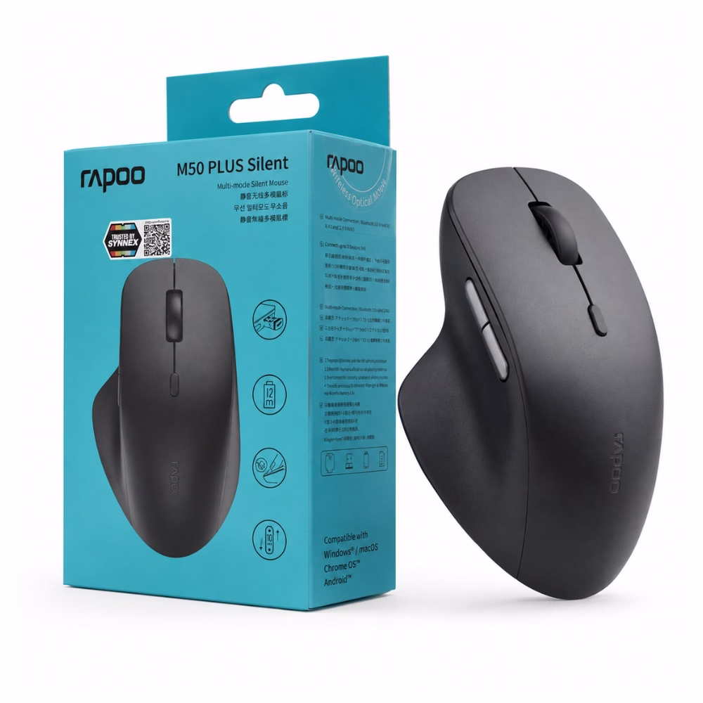 rapoo-m50-plus-silent-wireless-mouse-1 เมาส์ไร้สายไร้เสียง Rapoo M50 Plus Silent สีดำ ทรง Ergonomic วางคู่กับกล่องบรรจุภัณฑ์ Multi-mode ประกัน Synnex