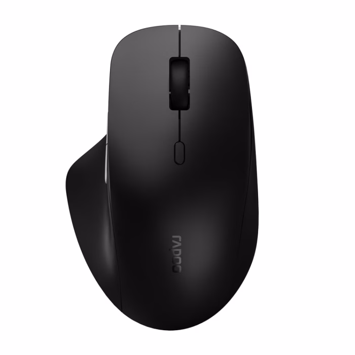 เมาส์ไร้สายไร้เสียง Rapoo M50 Plus Silent สีดำ มุมมองด้านบนตรง แสดงส่วนเว้ารองรับนิ้วโป้ง ปุ่มปรับ DPI และลูกกลิ้ง Scroll Wheel