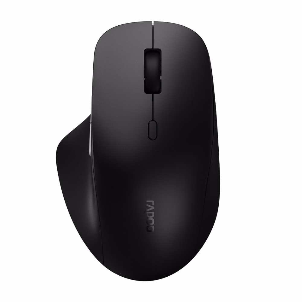เมาส์ไร้สายไร้เสียง Rapoo M50 Plus Silent สีดำ มุมมองด้านบนตรง แสดงส่วนเว้ารองรับนิ้วโป้ง ปุ่มปรับ DPI และลูกกลิ้ง Scroll Wheel