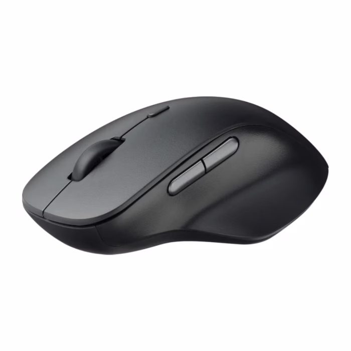 เมาส์ไร้สาย Rapoo M50 Plus Silent สีดำ มุมมองสามมิติเฉียง แสดงปุ่มกดด้านข้าง Forward-Backward และส่วนโค้งเว้ากระชับมือ