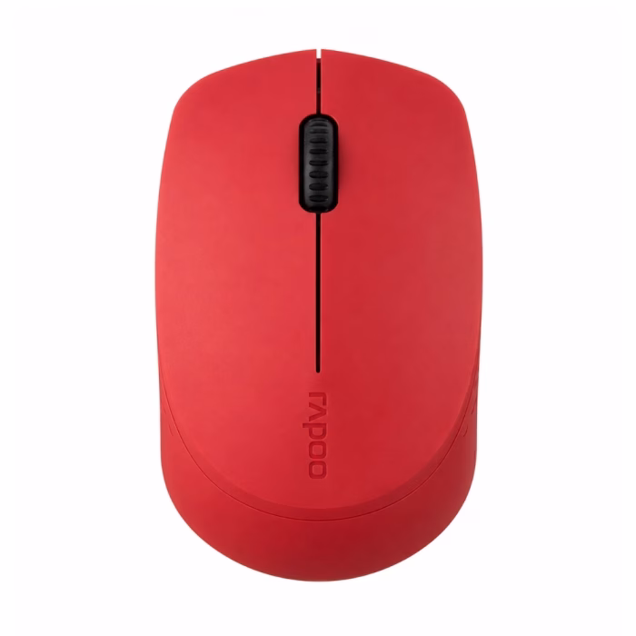 rapoo-msm100-wireless-mouse-red-2 เมาส์ไร้สายไร้เสียง Rapoo MSM100 Silent สีแดง มุมมองด้านบนตรง แสดงรูปทรงสมมาตรและลูกกลิ้ง Scroll Wheel