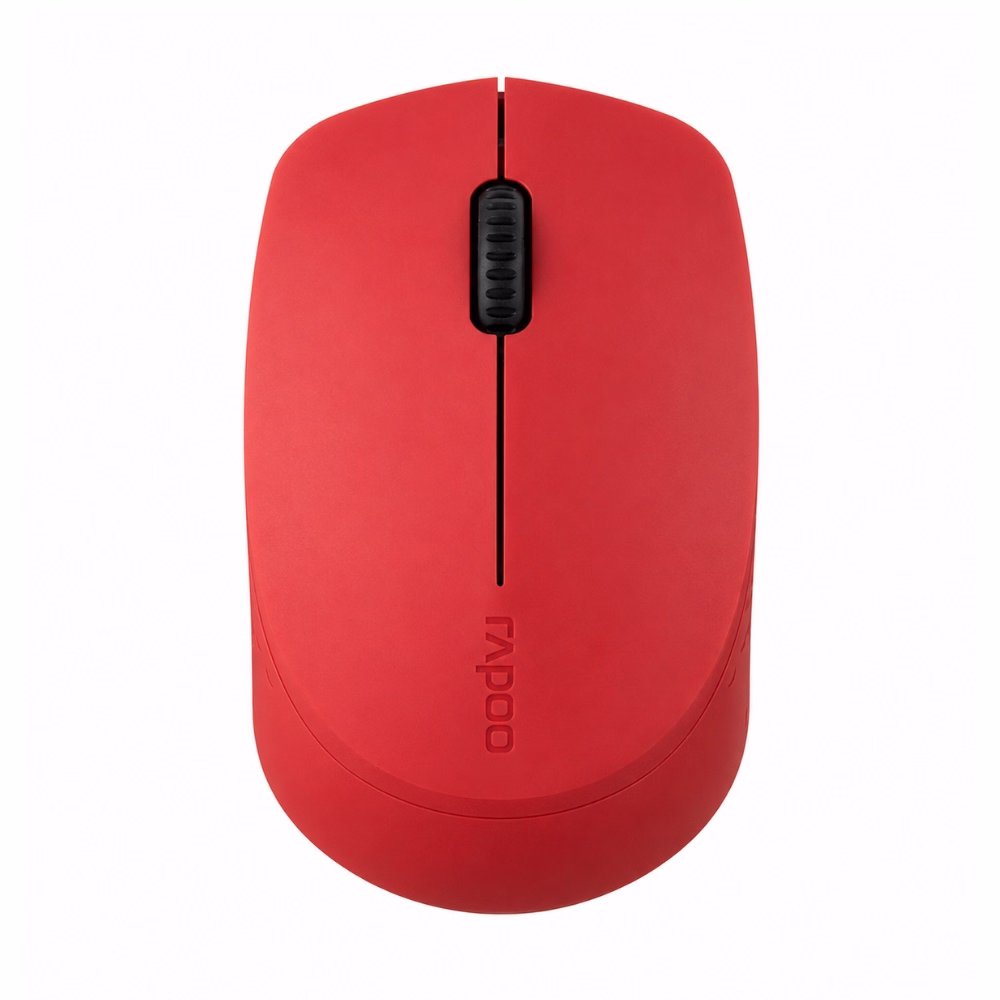 เมาส์ไร้สายไร้เสียง Rapoo MSM100 Silent สีแดง มุมมองด้านบนตรง แสดงรูปทรงสมมาตรและลูกกลิ้ง Scroll Wheel