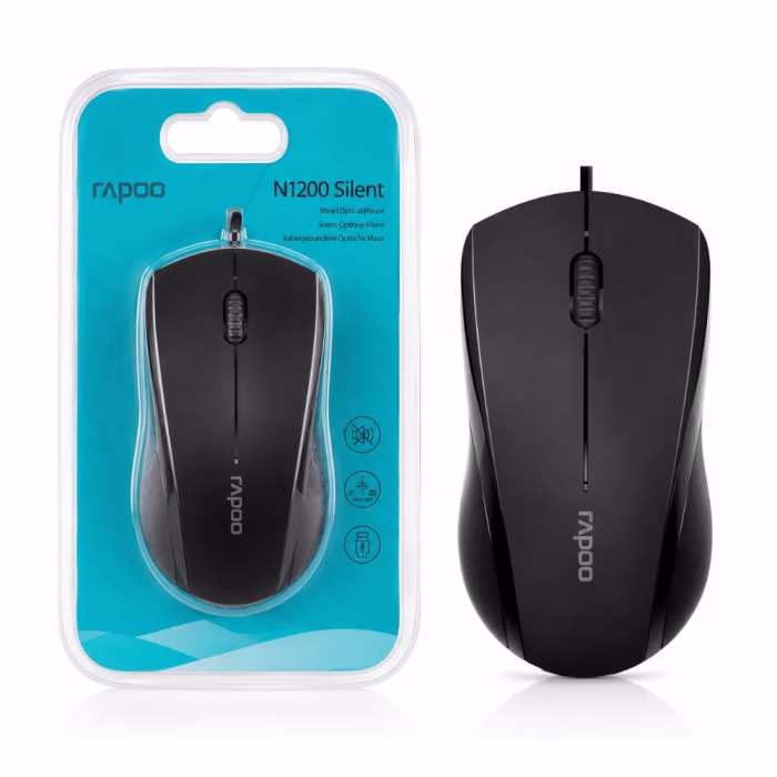 rapoo-n1200-silent-usb-mouse-black-1 เมาส์มีสายไร้เสียง Rapoo N1200 Silent สีดำ วางคู่กับแผงแพ็กเกจบรรจุภัณฑ์ Wired Optical Mouse 1000 DPI