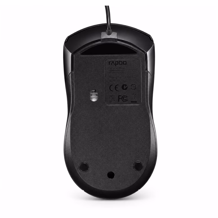 rapoo-n1200-silent-usb-mouse-black-2 ด้านล่างตัวเมาส์ Rapoo N1200 Silent สีดำ แสดงตำแหน่งเซนเซอร์ออปติคอล แผ่นรองเลื่อน และฉลากระบุรุ่น