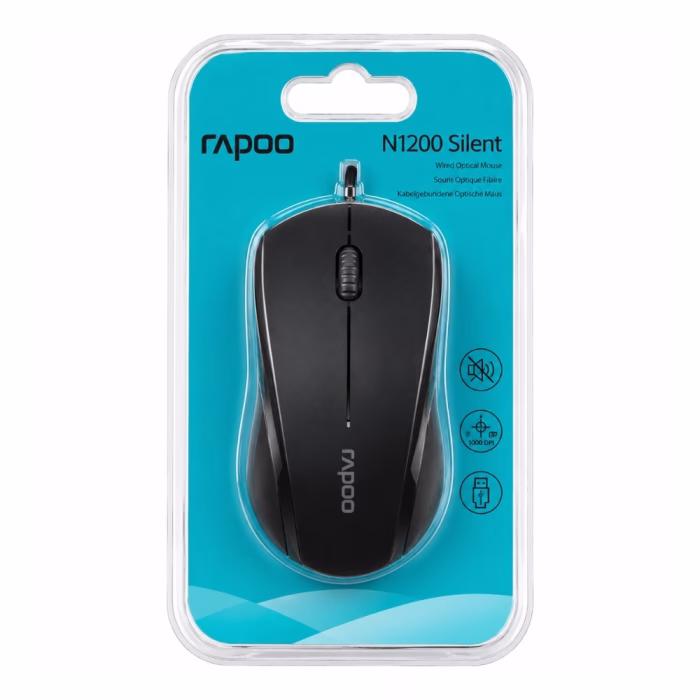 rapoo-n1200-silent-usb-mouse-black-4 เมาส์มีสายไร้เสียง Rapoo N1200 Silent สีดำ มุมมองด้านบนตรง แสดงรูปทรงสมมาตรและปุ่มคลิกซ้าย-ขวาไร้เสียง