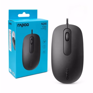 rapoo-n200-usb-mouse-black-1 เมาส์แบบมีสาย USB Rapoo N200 สีดำ วางคู่กับกล่องบรรจุภัณฑ์ Optical Mouse