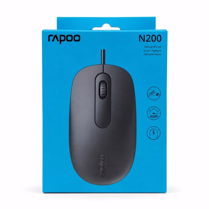 rapoo-n200-usb-mouse-black-2 กล่องบรรจุภัณฑ์เมาส์มีสาย Rapoo N200 Optical Mouse สีฟ้า แสดงไอคอนความละเอียด 1600 DPI และการเชื่อมต่อ USB