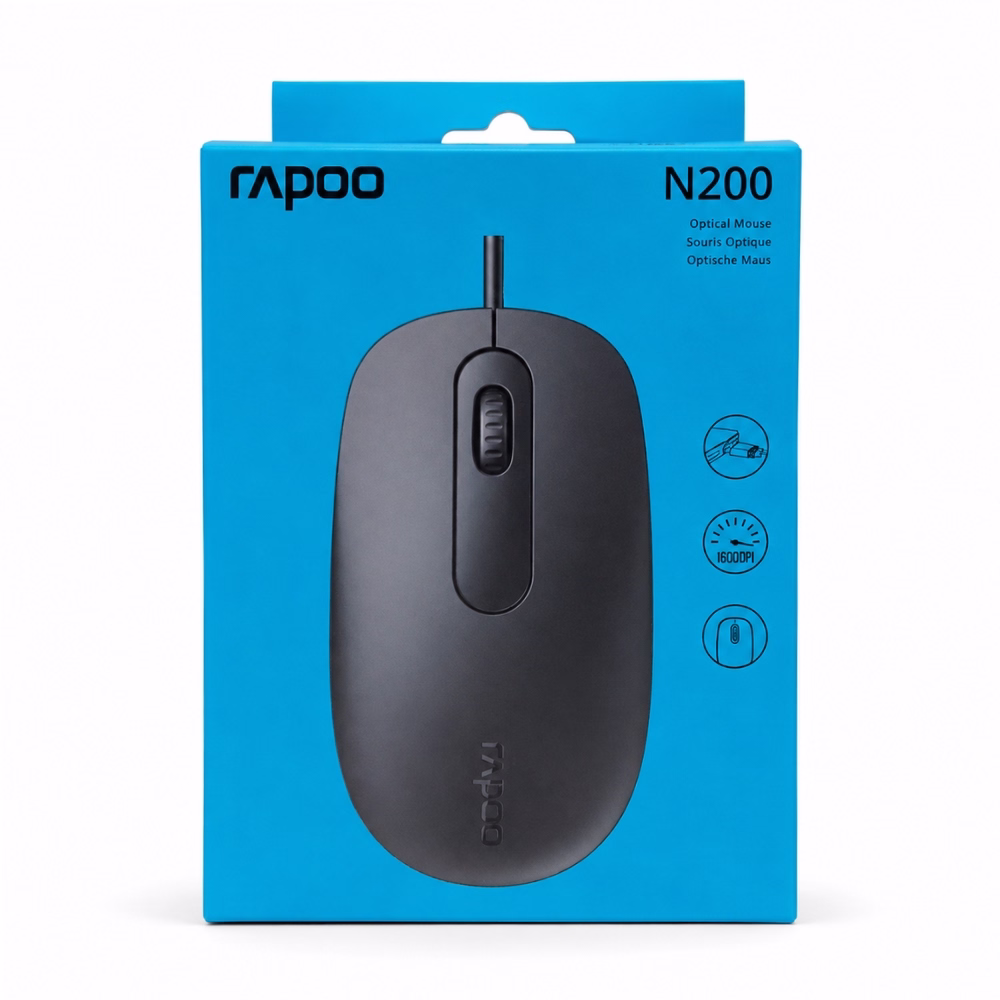 กล่องบรรจุภัณฑ์เมาส์มีสาย Rapoo N200 Optical Mouse สีฟ้า แสดงไอคอนความละเอียด 1600 DPI และการเชื่อมต่อ USB