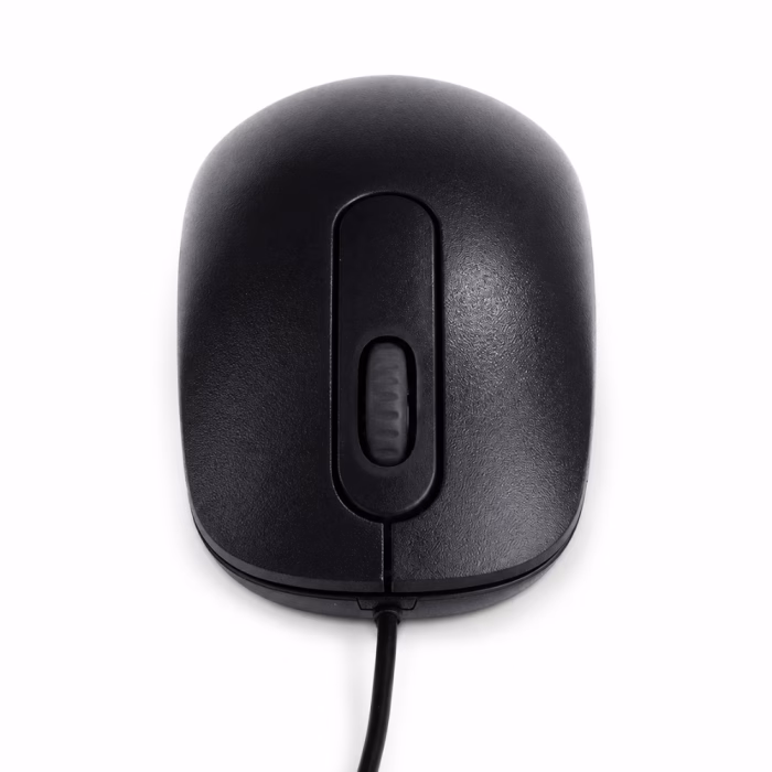rapoo-n200-usb-mouse-black-3 เมาส์มีสาย Rapoo N200 สีดำ มุมมองด้านบนตรง แสดงรูปทรงสมมาตร ปุ่มคลิก และลูกกลิ้ง Scroll Wheel